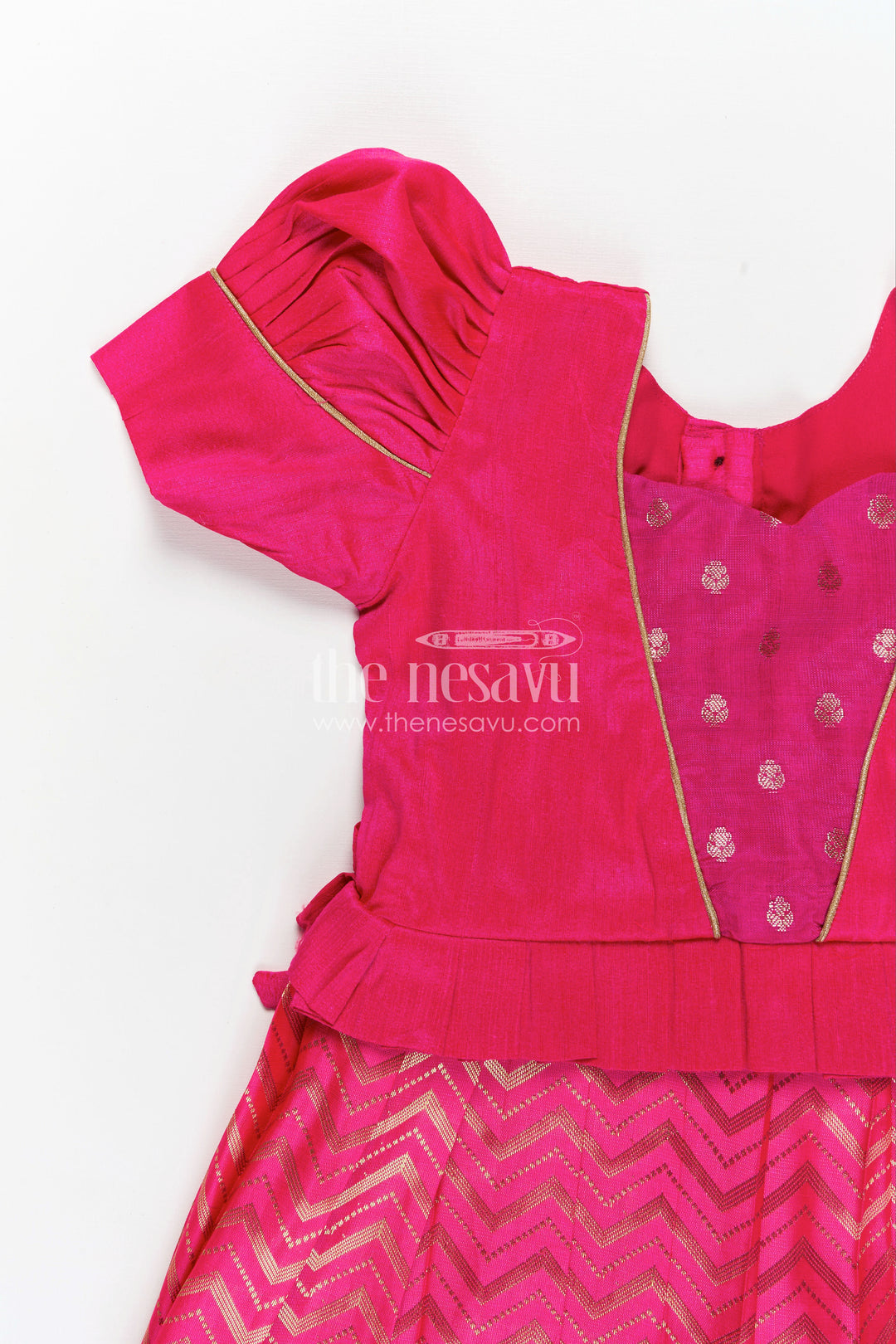 Raw Silk Frock Designs for Girls in Hot Pink with Gold Zari Chevron Skirt and Elegant Yoke Pleating