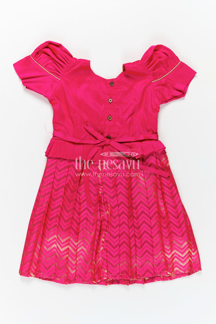 Raw Silk Frock Designs for Girls in Hot Pink with Gold Zari Chevron Skirt and Elegant Yoke Pleating