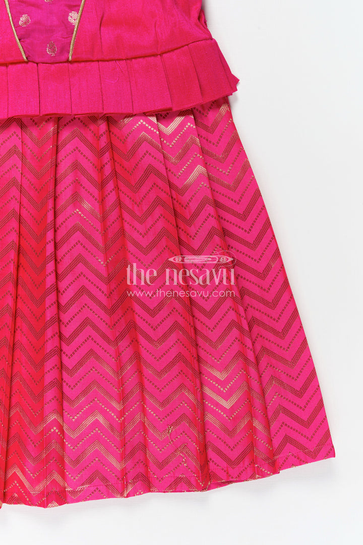 Raw Silk Frock Designs for Girls in Hot Pink with Gold Zari Chevron Skirt and Elegant Yoke Pleating