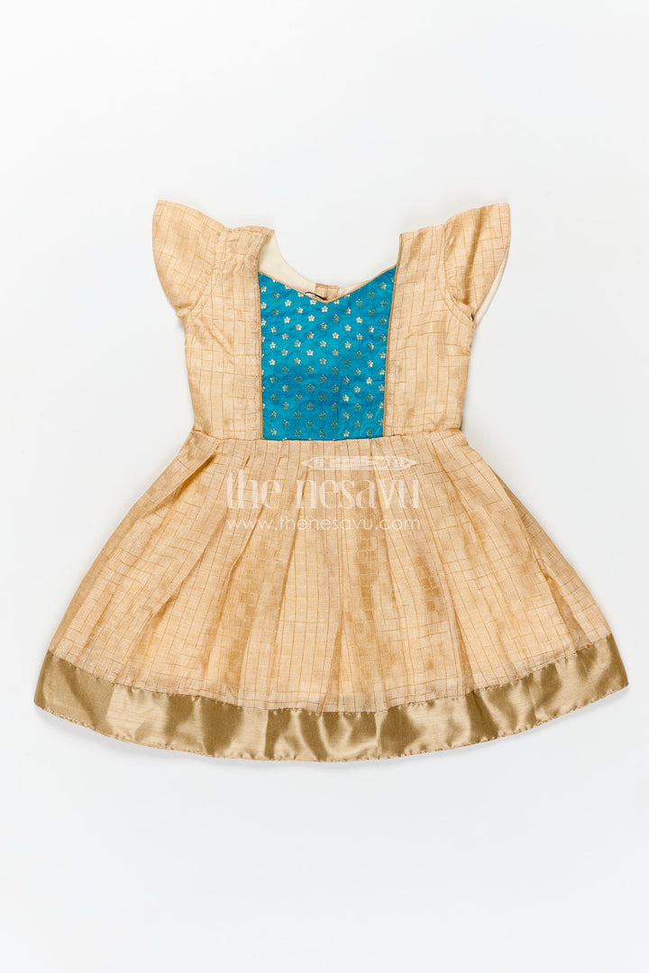 Raw Silk Frock Design for Girls with Gold Silk Cotton and Embellished Teal Yoke for Traditional Appeal
