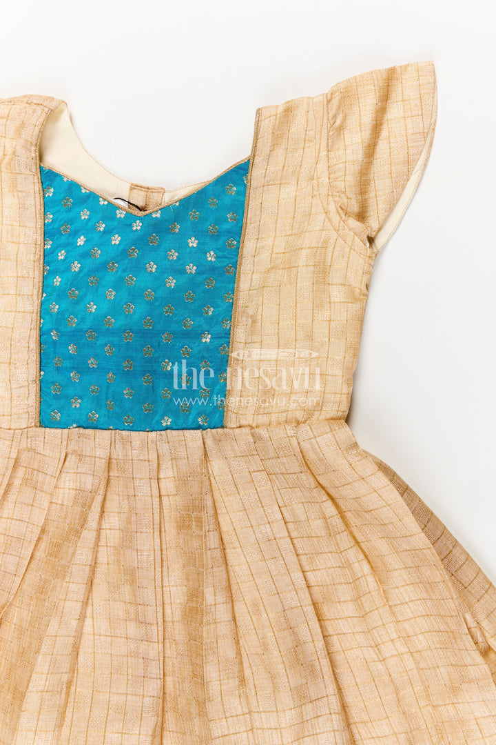 Raw Silk Frock Design for Girls with Gold Silk Cotton and Embellished Teal Yoke for Traditional Appeal