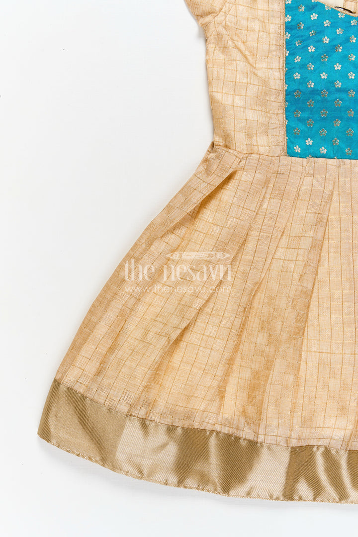 Raw Silk Frock Design for Girls with Gold Silk Cotton and Embellished Teal Yoke for Traditional Appeal