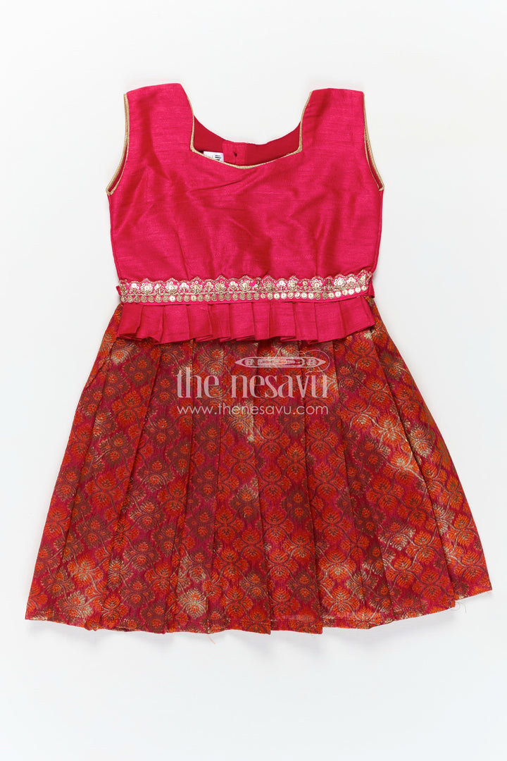 Raw Silk Short Frock Designs for Girls in Pink with Mirror Work Waistband and Rich Banaras Skirt