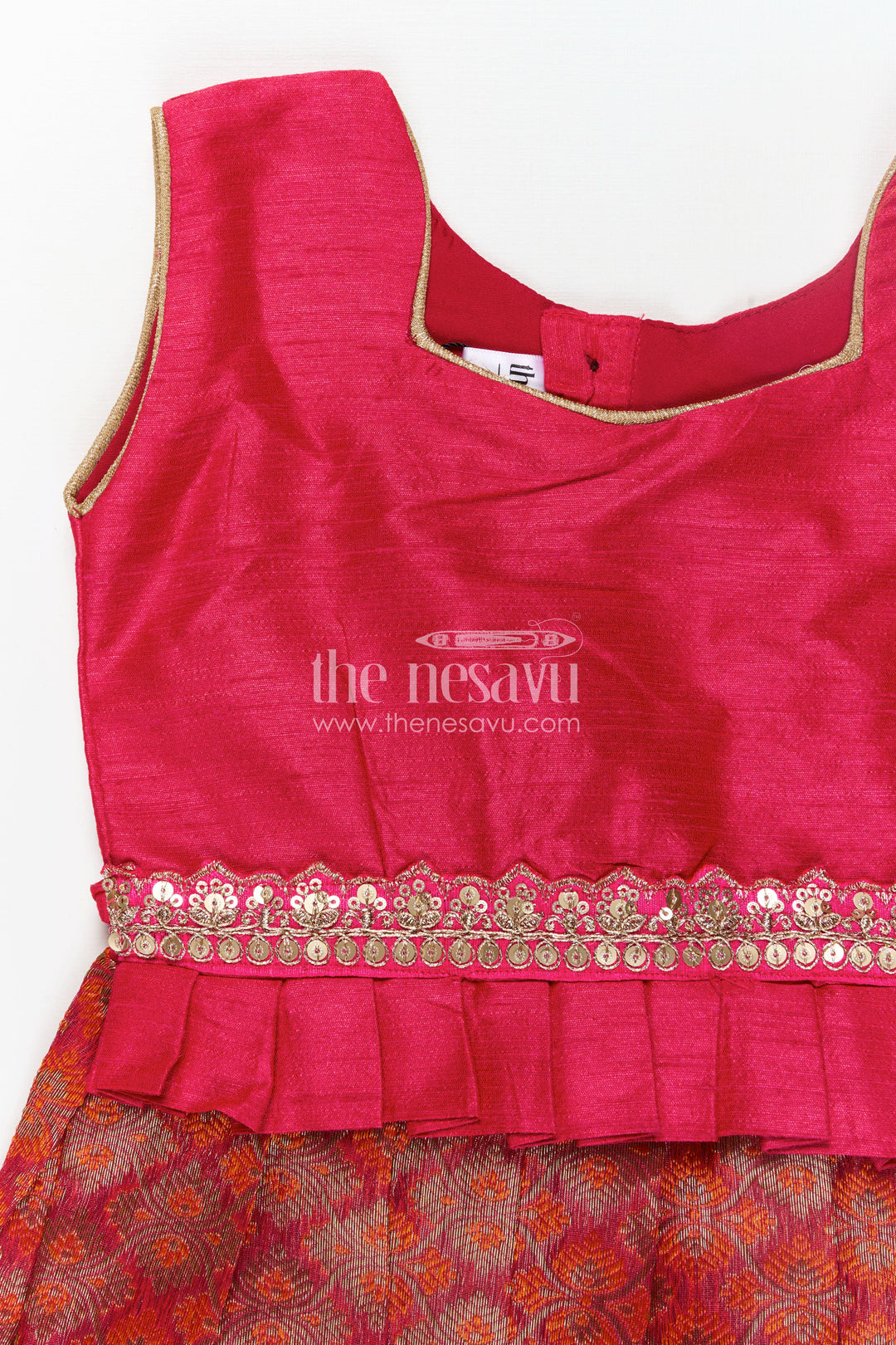 Raw Silk Short Frock Designs for Girls in Pink with Mirror Work Waistband and Rich Banaras Skirt