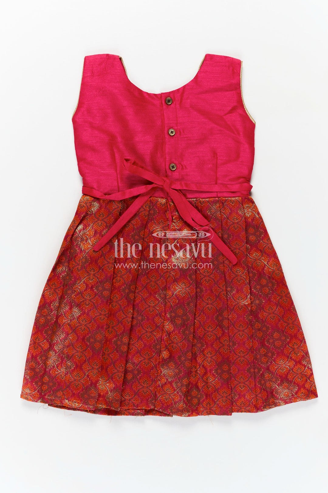 Raw Silk Short Frock Designs for Girls in Pink with Mirror Work Waistband and Rich Banaras Skirt