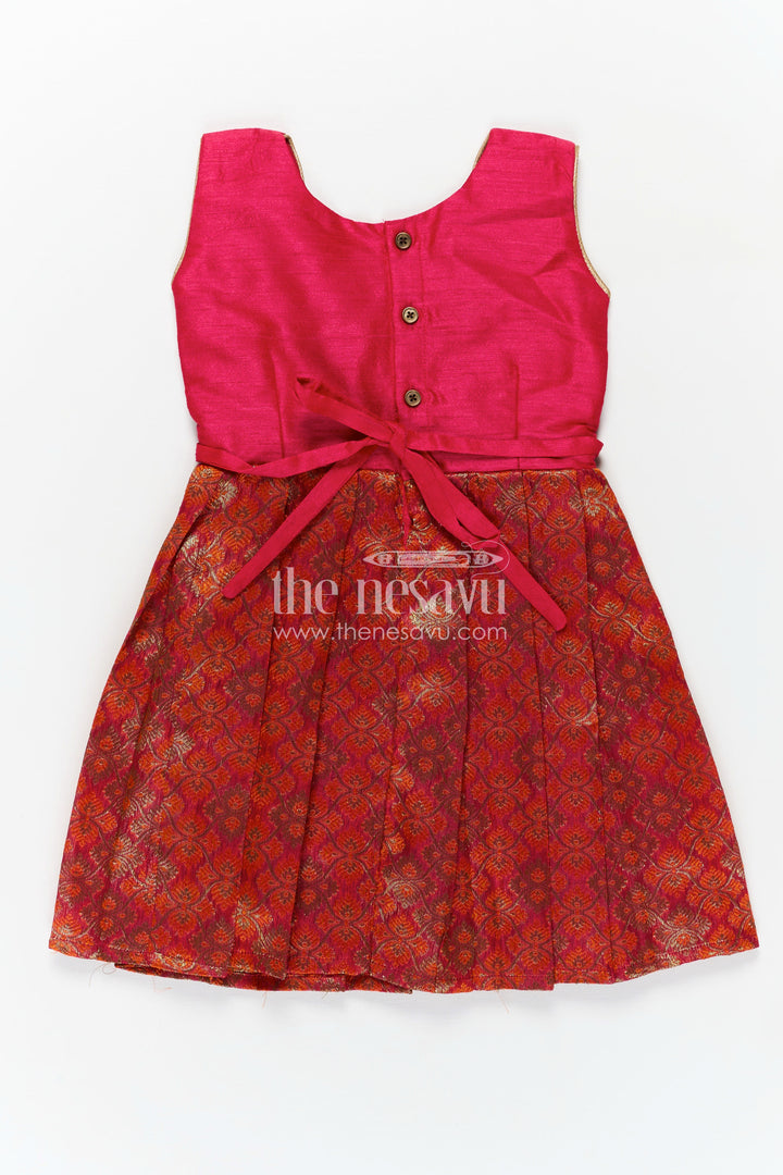 Raw Silk Short Frock Designs for Girls in Pink with Mirror Work Waistband and Rich Banaras Skirt