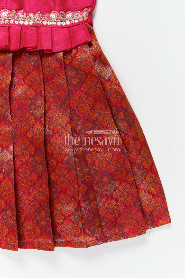 Raw Silk Short Frock Designs for Girls in Pink with Mirror Work Waistband and Rich Banaras Skirt