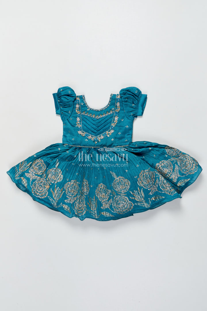 Baby Girl Silk Frock In Blue with Designer Yoke for Festive Functions