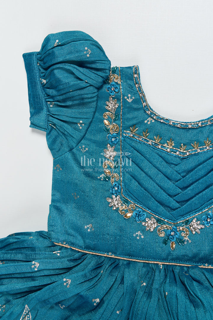 Baby Girl Silk Frock In Blue with Designer Yoke for Festive Functions