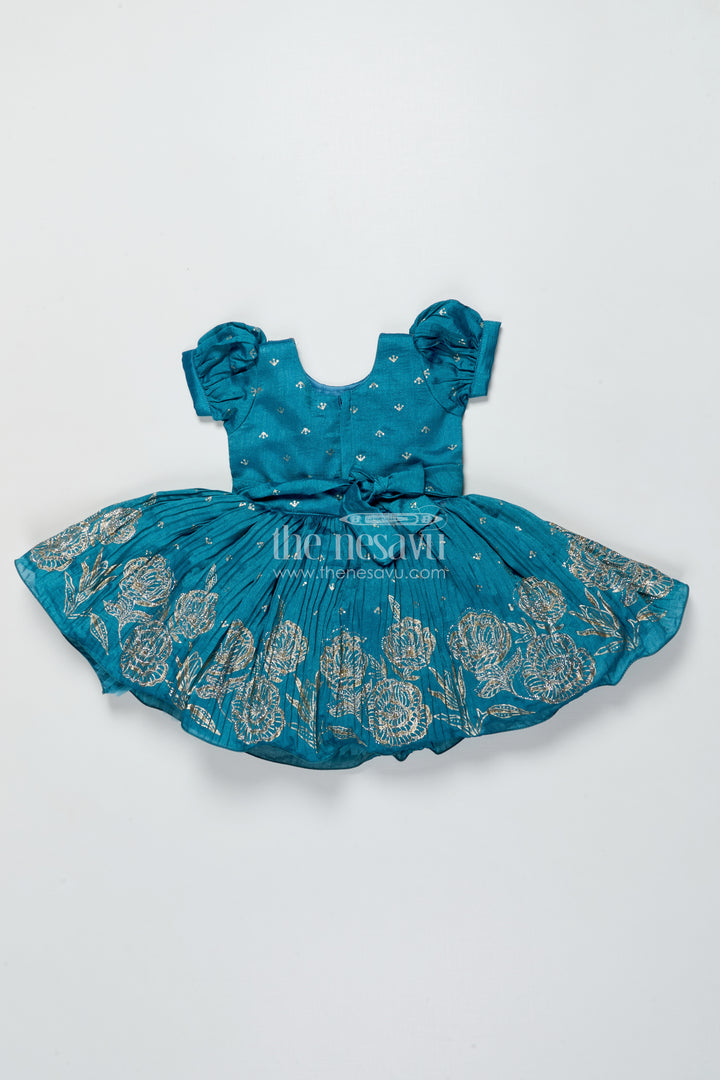 Baby Girl Silk Frock In Blue with Designer Yoke for Festive Functions