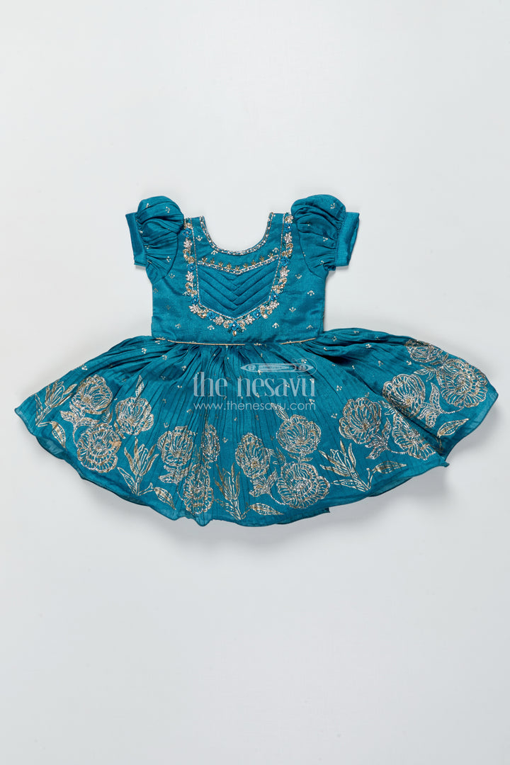 Baby Girl Silk Frock In Blue with Designer Yoke for Festive Functions