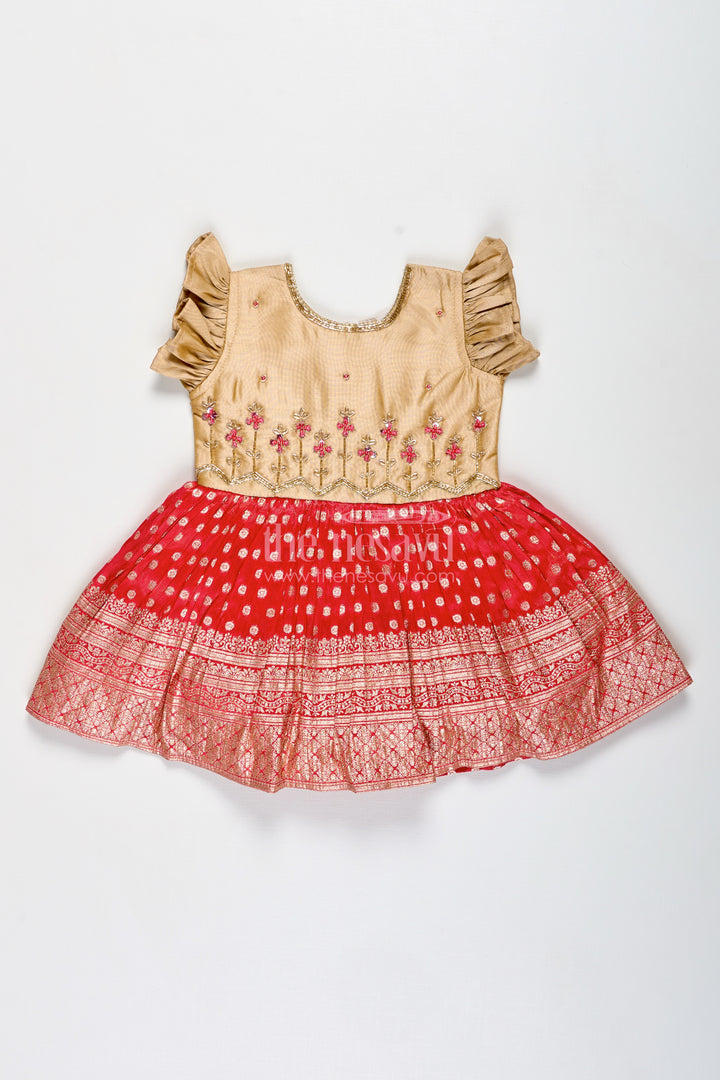 Infant Girl Red Silk Frock With Golden Tissue Flare And Puff Sleeves