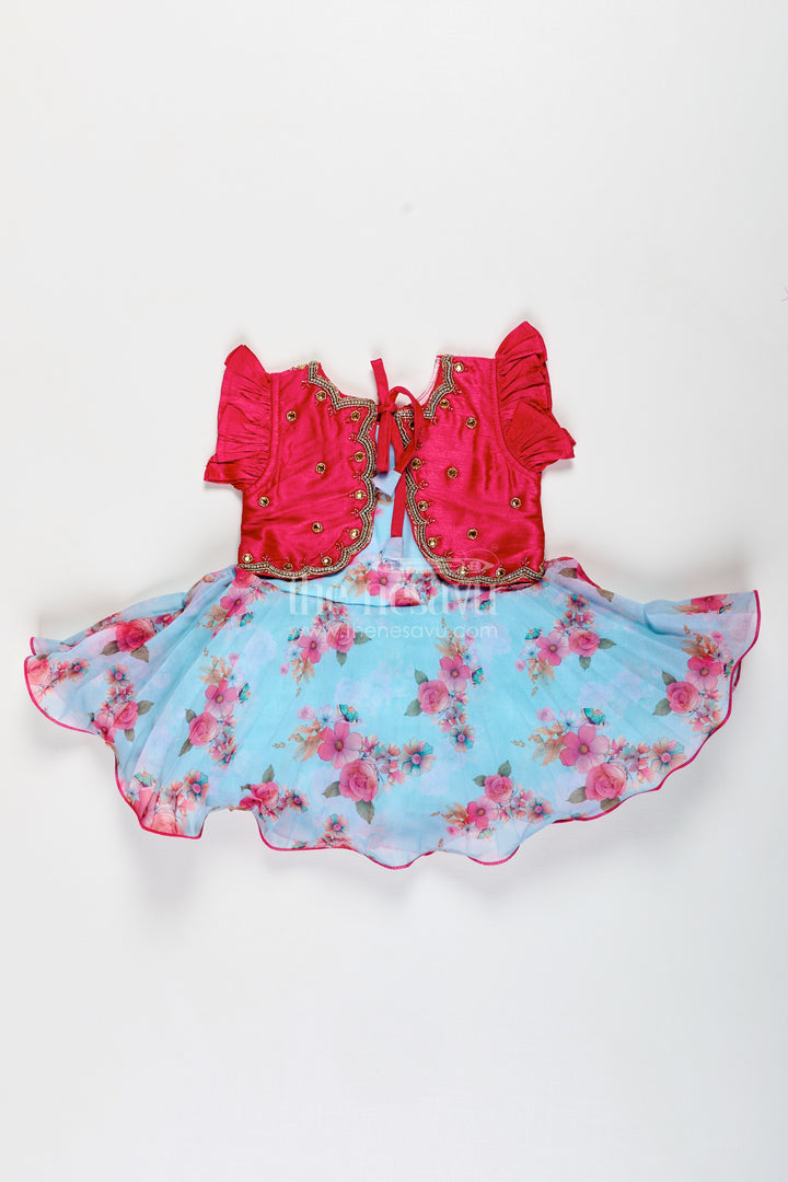 Girls Silk Frock With Floral Print And Festive Jacket For Weddings And Functions