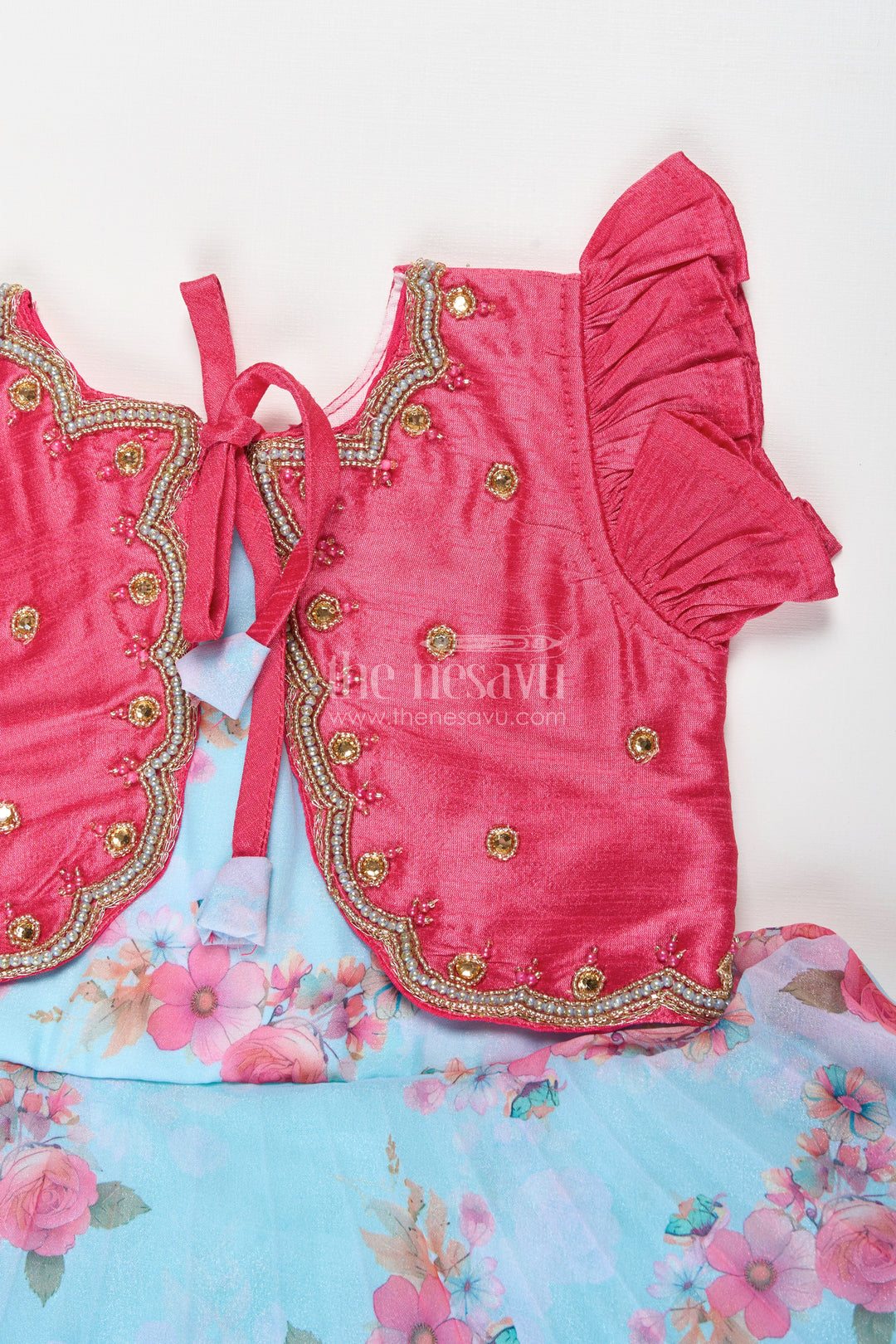 Girls Silk Frock With Floral Print And Festive Jacket For Weddings And Functions