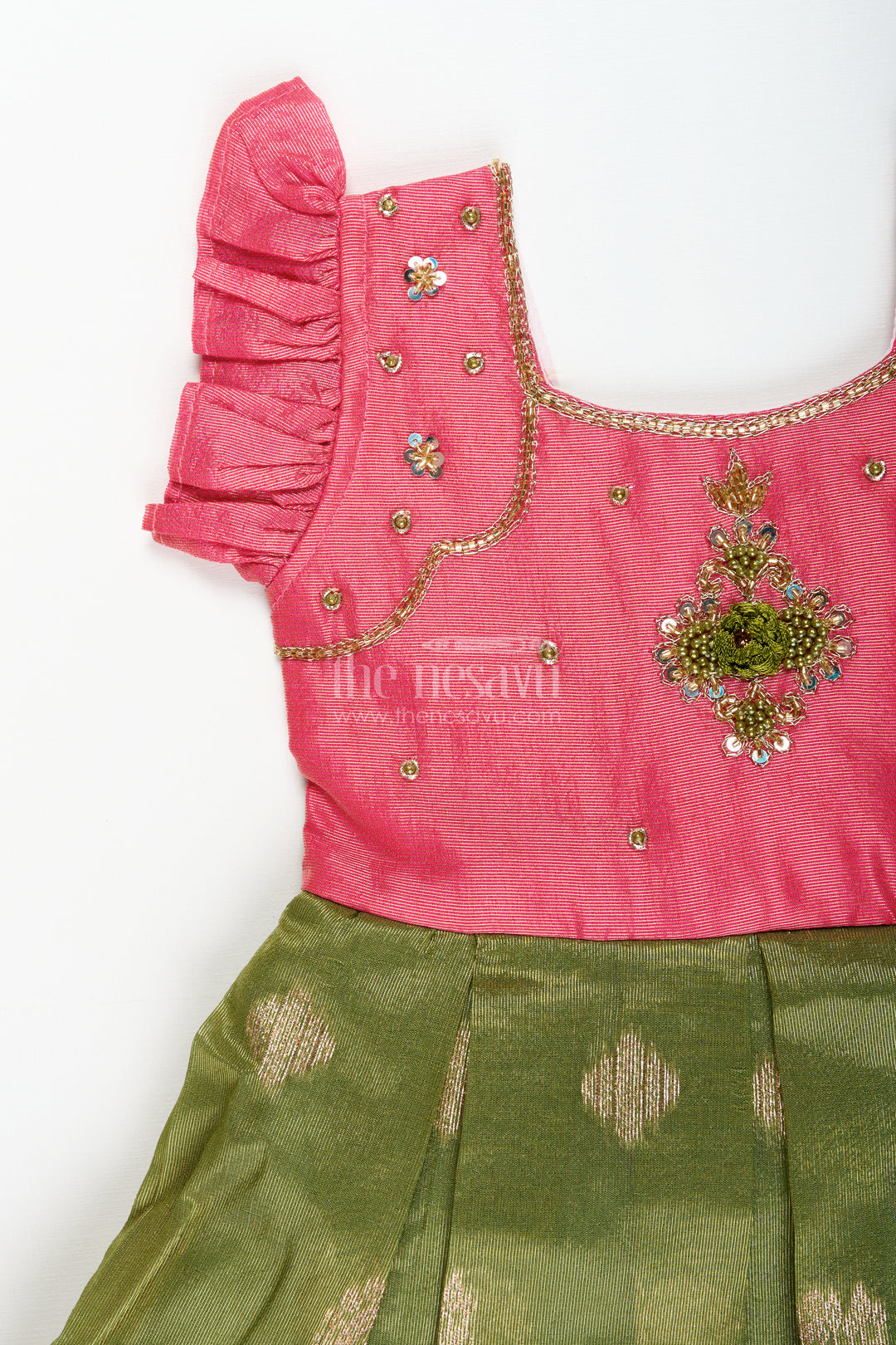 Baby girl silk frock with festive zari finish for birthdays and ethnic celebrations