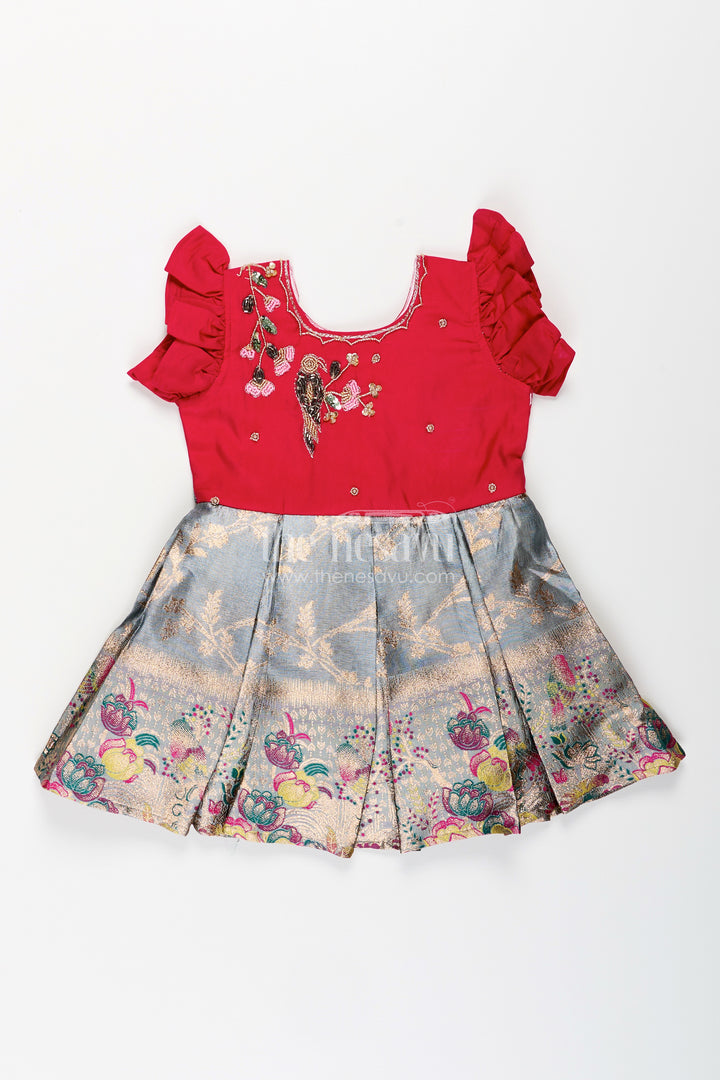 Silk party frock for baby girl with embroidered bird motif and tissue pleats