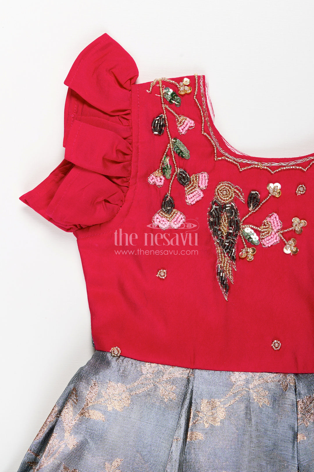 Silk party frock for baby girl with embroidered bird motif and tissue pleats