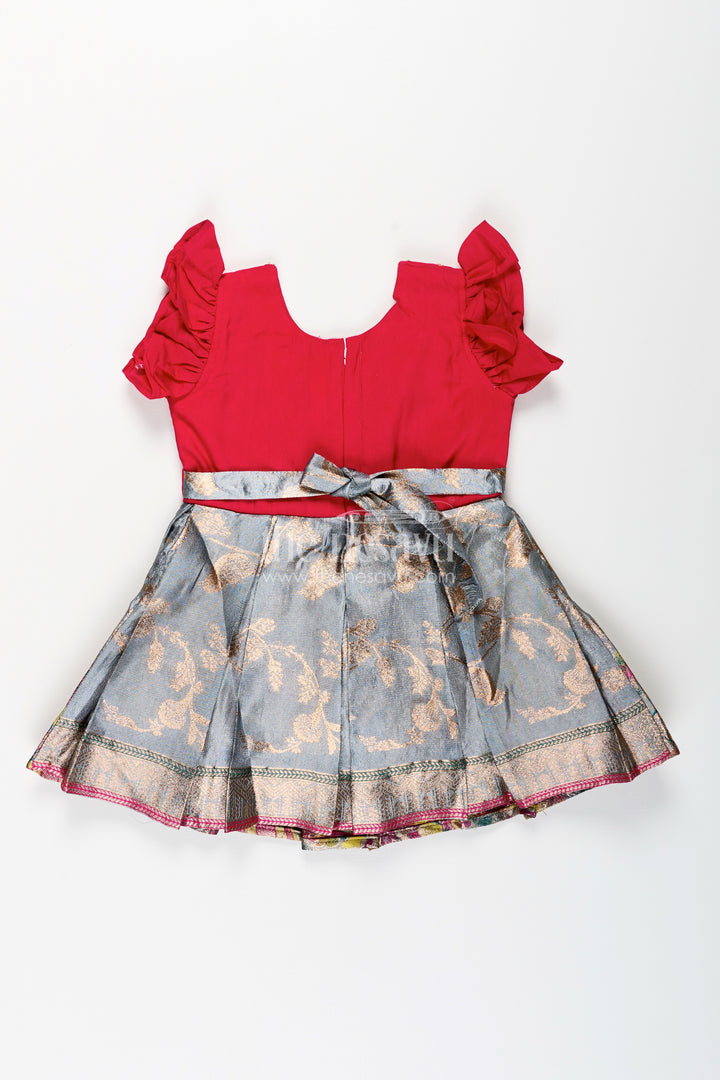 Silk party frock for baby girl with embroidered bird motif and tissue pleats
