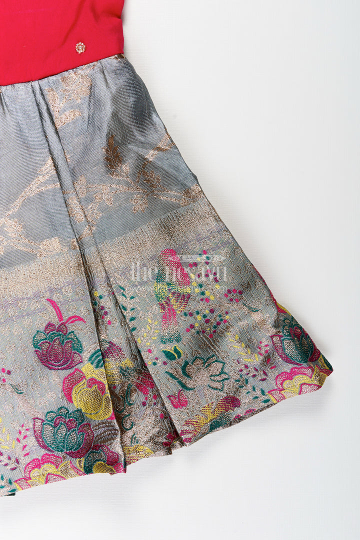 Silk party frock for baby girl with embroidered bird motif and tissue pleats