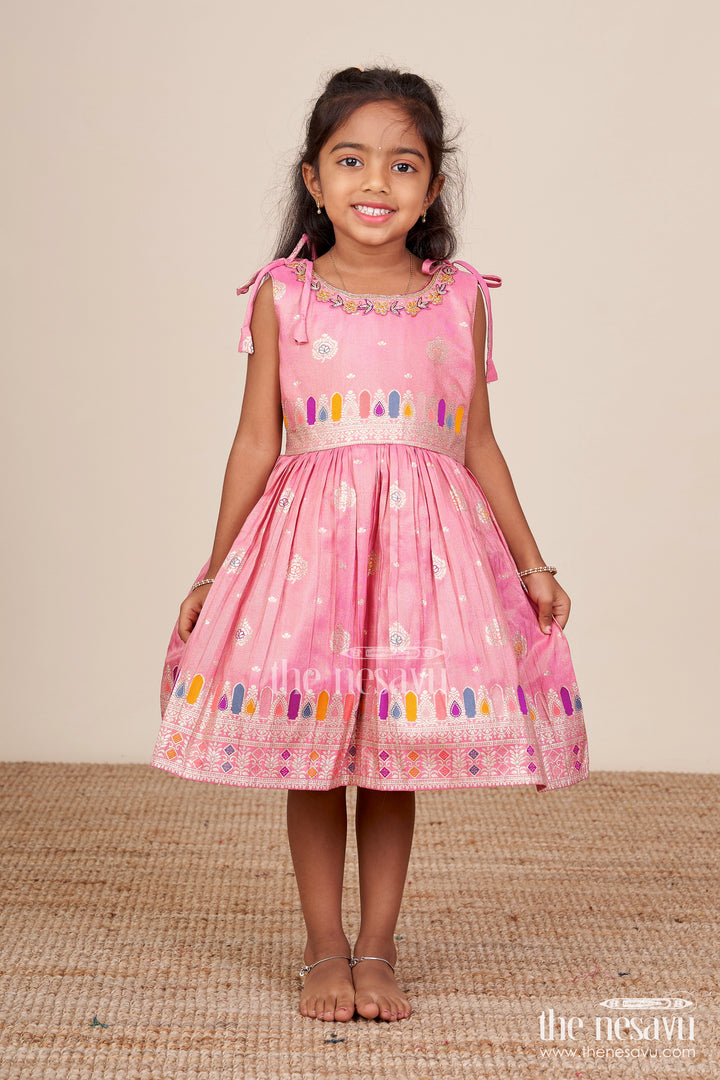 Tie-up silk frock for toddler girls with festive zari border for traditional functions