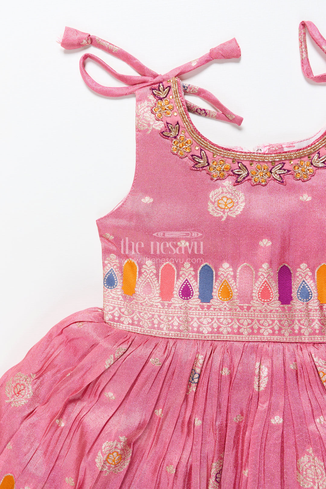 Tie-up silk frock for toddler girls with festive zari border for traditional functions
