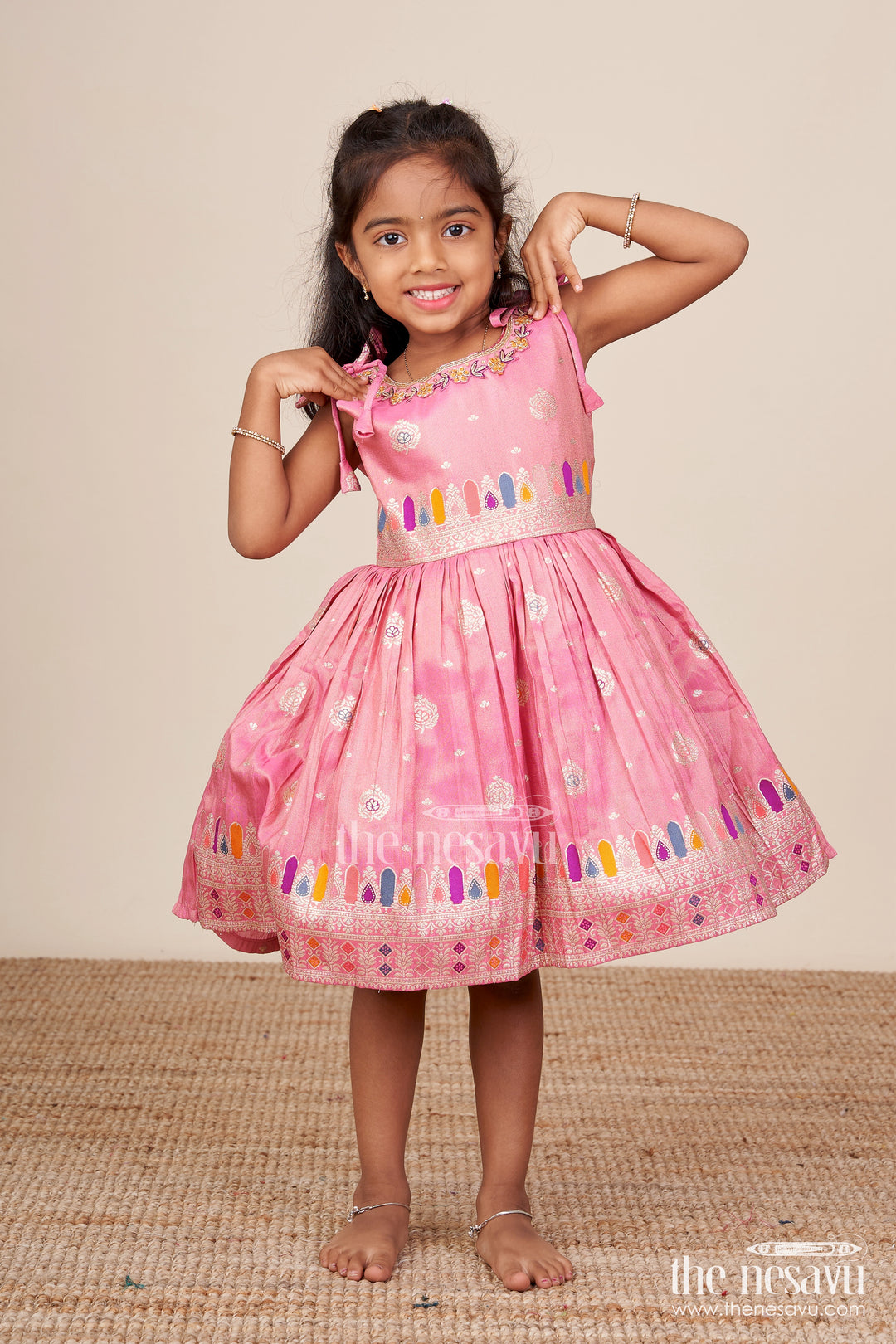 Tie-up silk frock for toddler girls with festive zari border for traditional functions