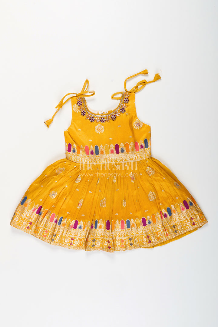 Silk party frock for baby girls with mirror border and tie-up sleeves