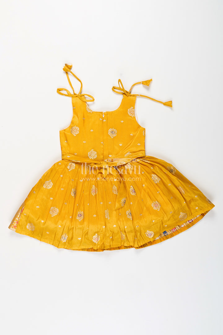 Silk party frock for baby girls with mirror border and tie-up sleeves