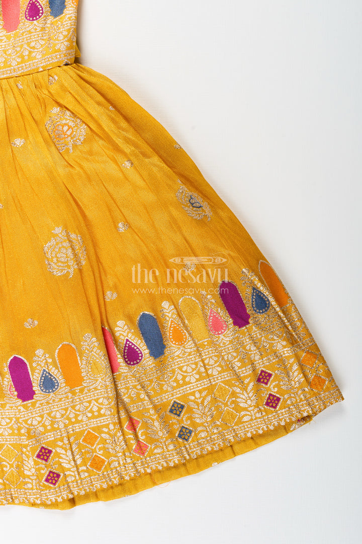 Silk party frock for baby girls with mirror border and tie-up sleeves