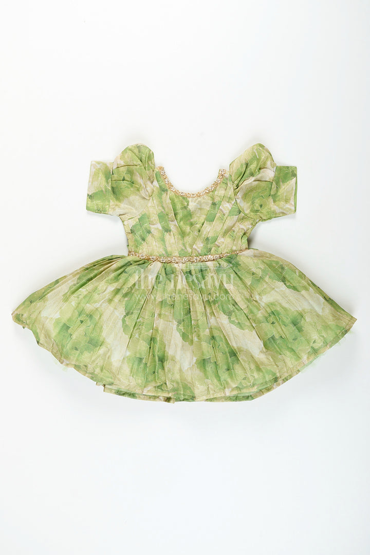 Girls green floral digital print fancy frock