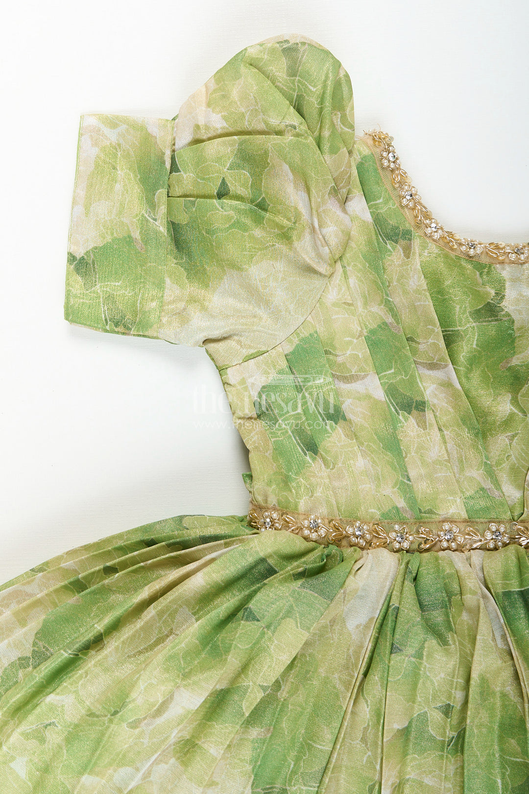 Girls green floral digital print fancy frock