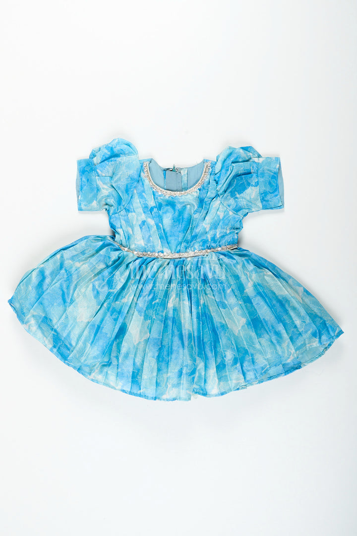 Girls blue floral digital print fancy frock