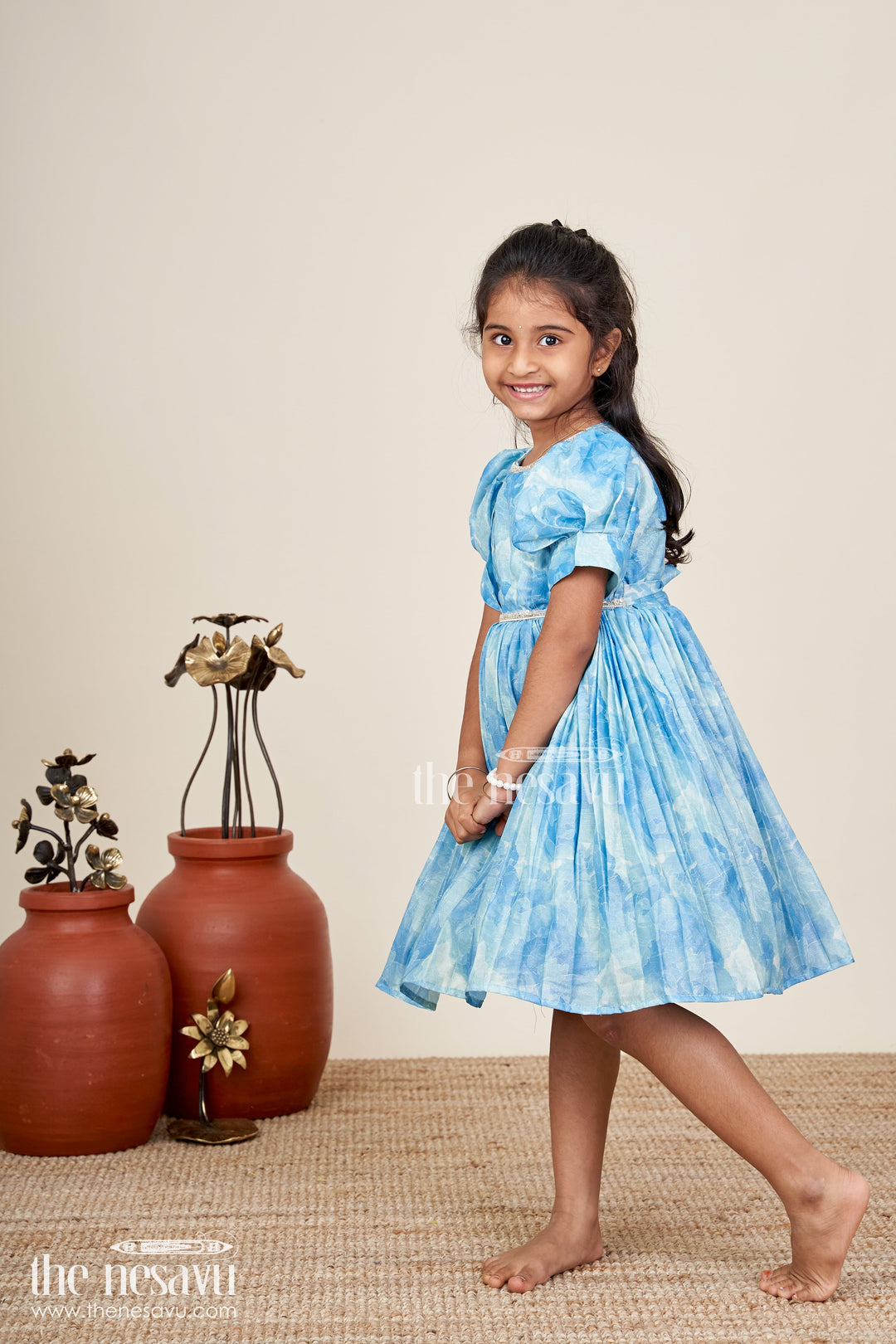 Girls blue floral digital print fancy frock