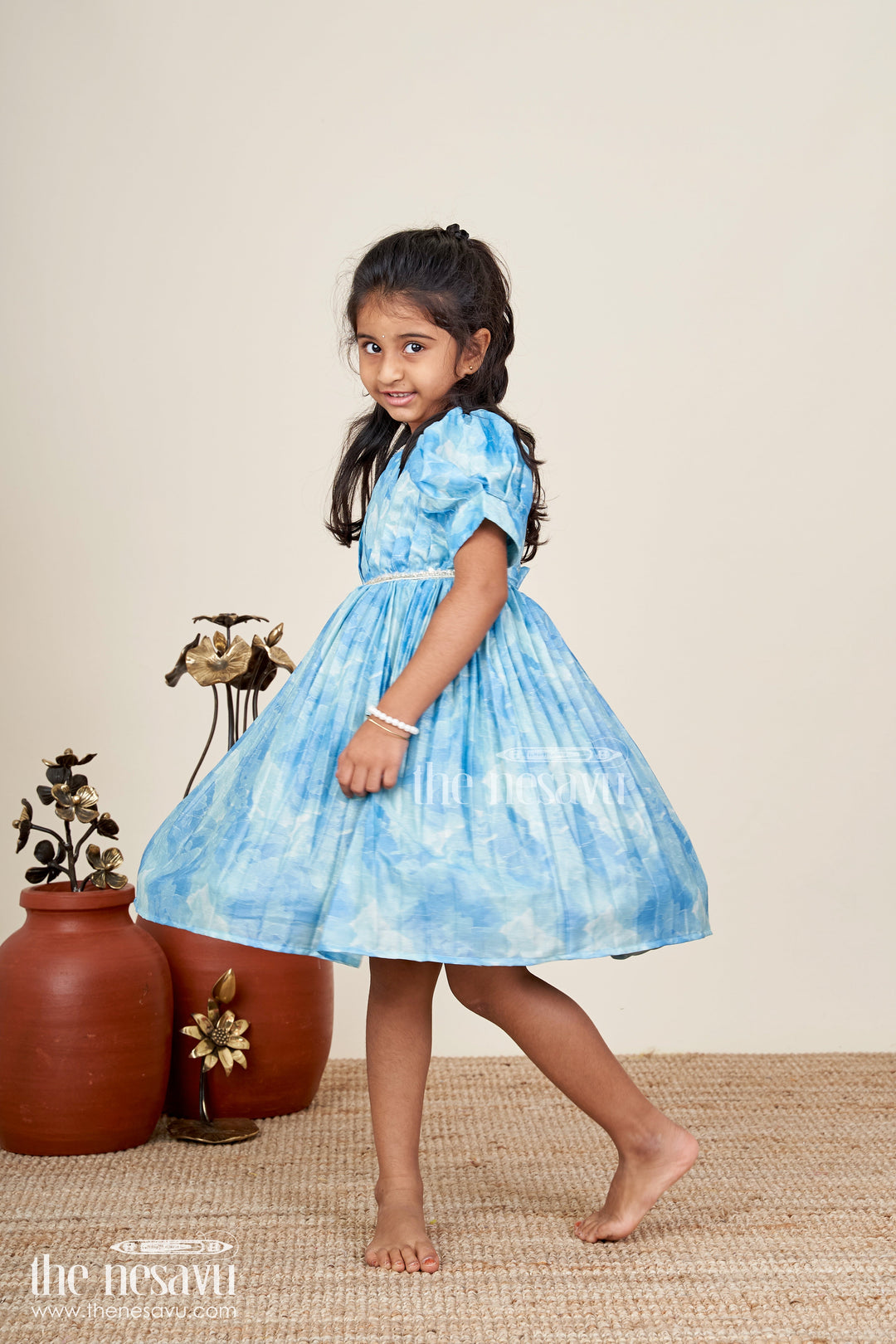 Girls blue floral digital print fancy frock