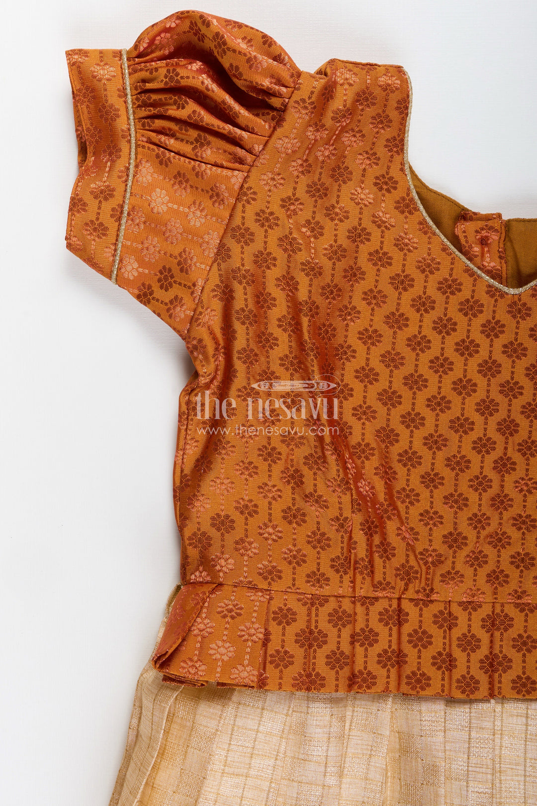 Semi Banarasi silk frock for toddler girls with flared tissue bottom