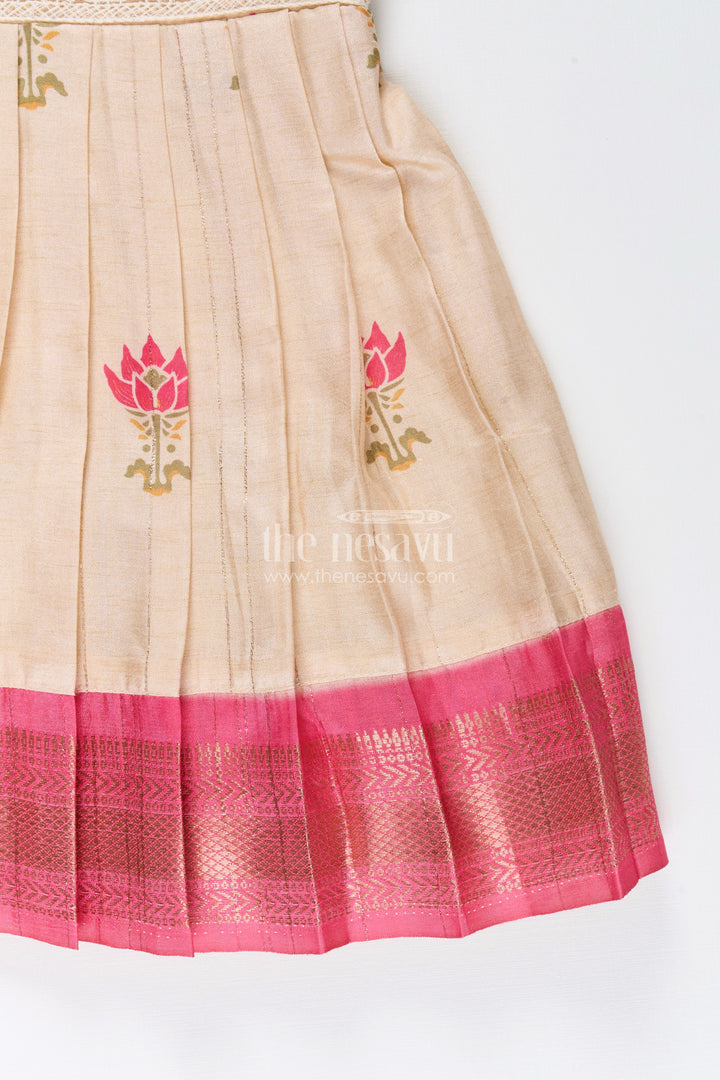 Semi banarasi silk frock for baby girls with zari border – ideal for traditional wear