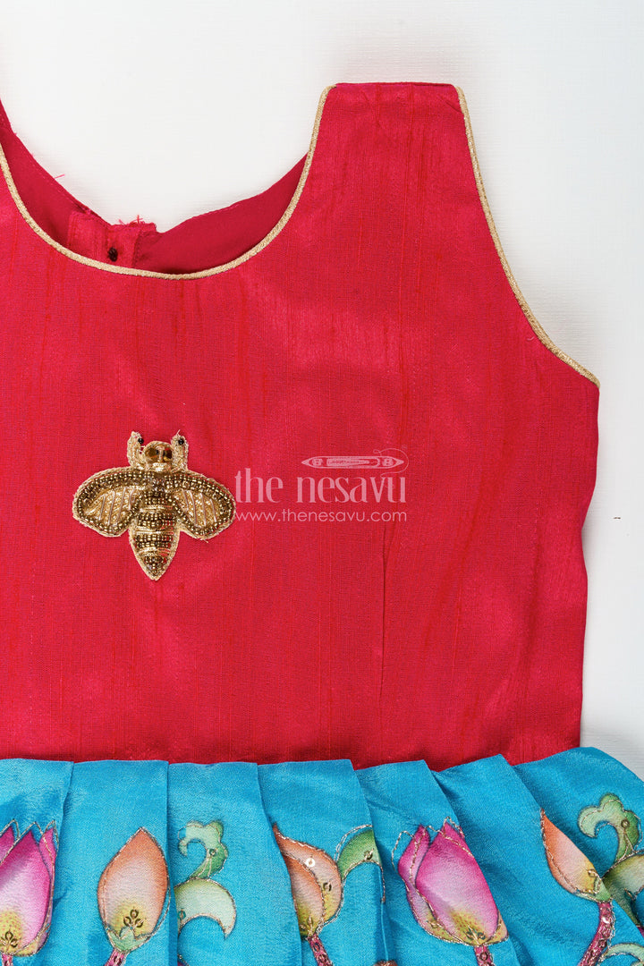 Traditional silk frock for toddler girls with raw silk yoke
