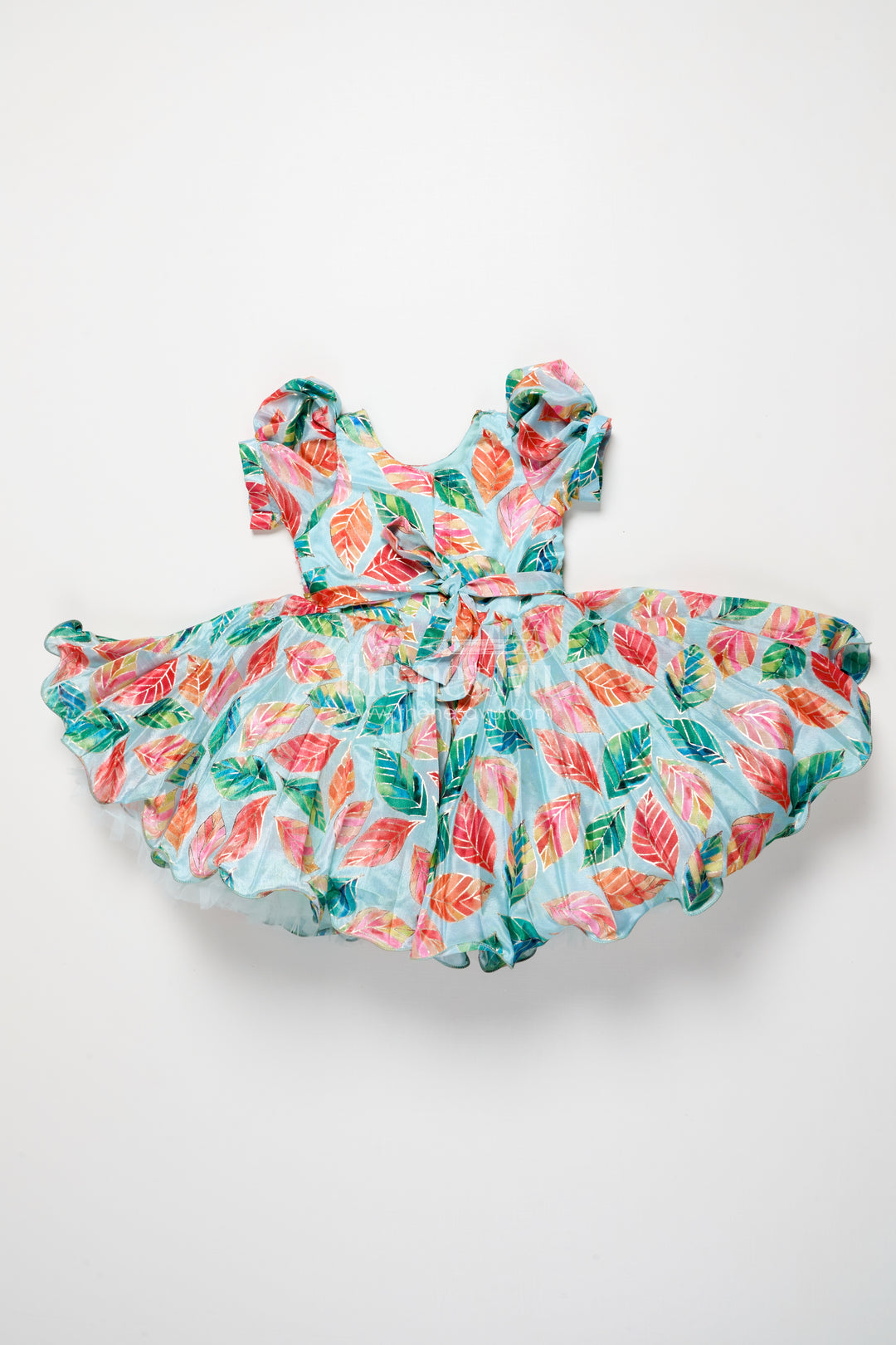 Girls silk party frock with beads and leafy digital print