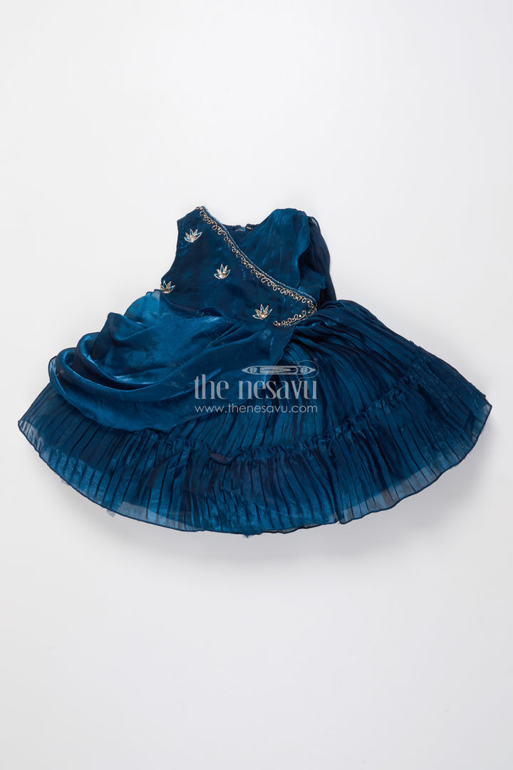 Girls Pleated Glaze Organza Party Frock with Floral Shoulder Bow Premium Festive Wear