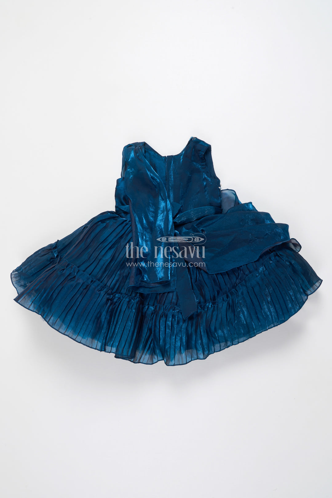 Girls Pleated Glaze Organza Party Frock with Floral Shoulder Bow Premium Festive Wear