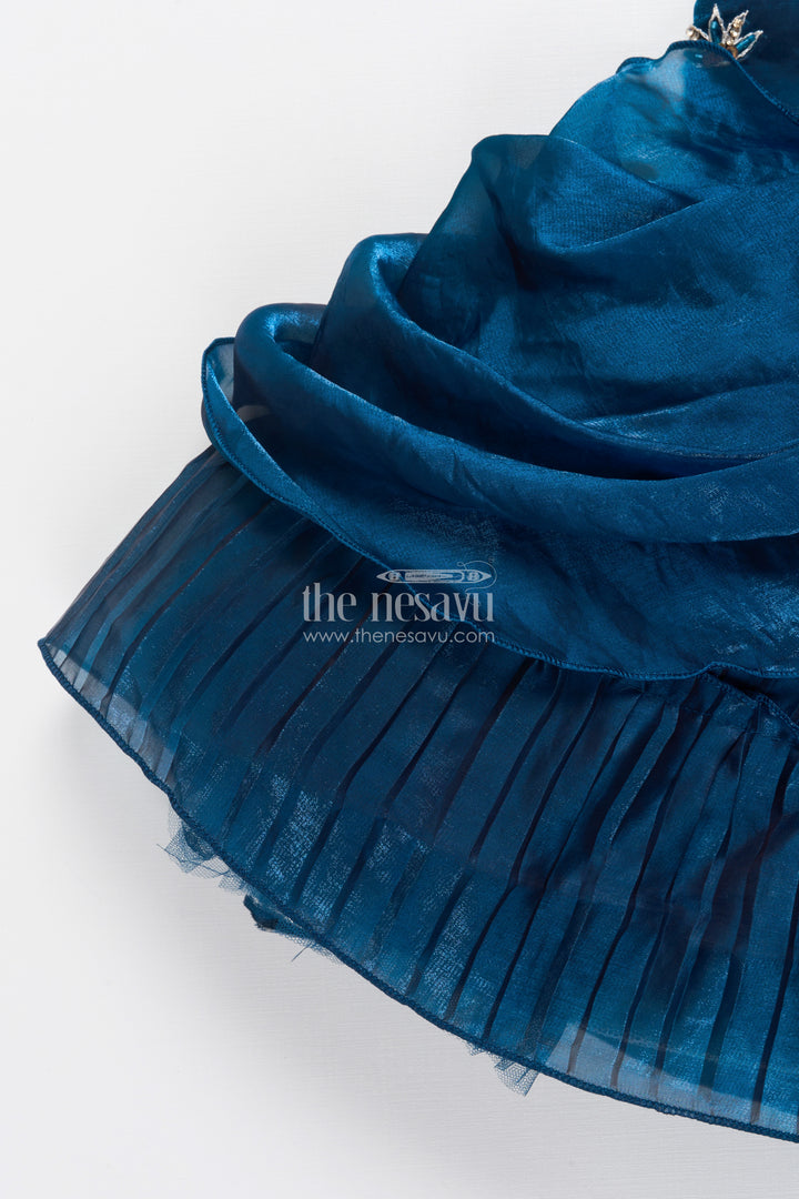 Girls Pleated Glaze Organza Party Frock with Floral Shoulder Bow Premium Festive Wear
