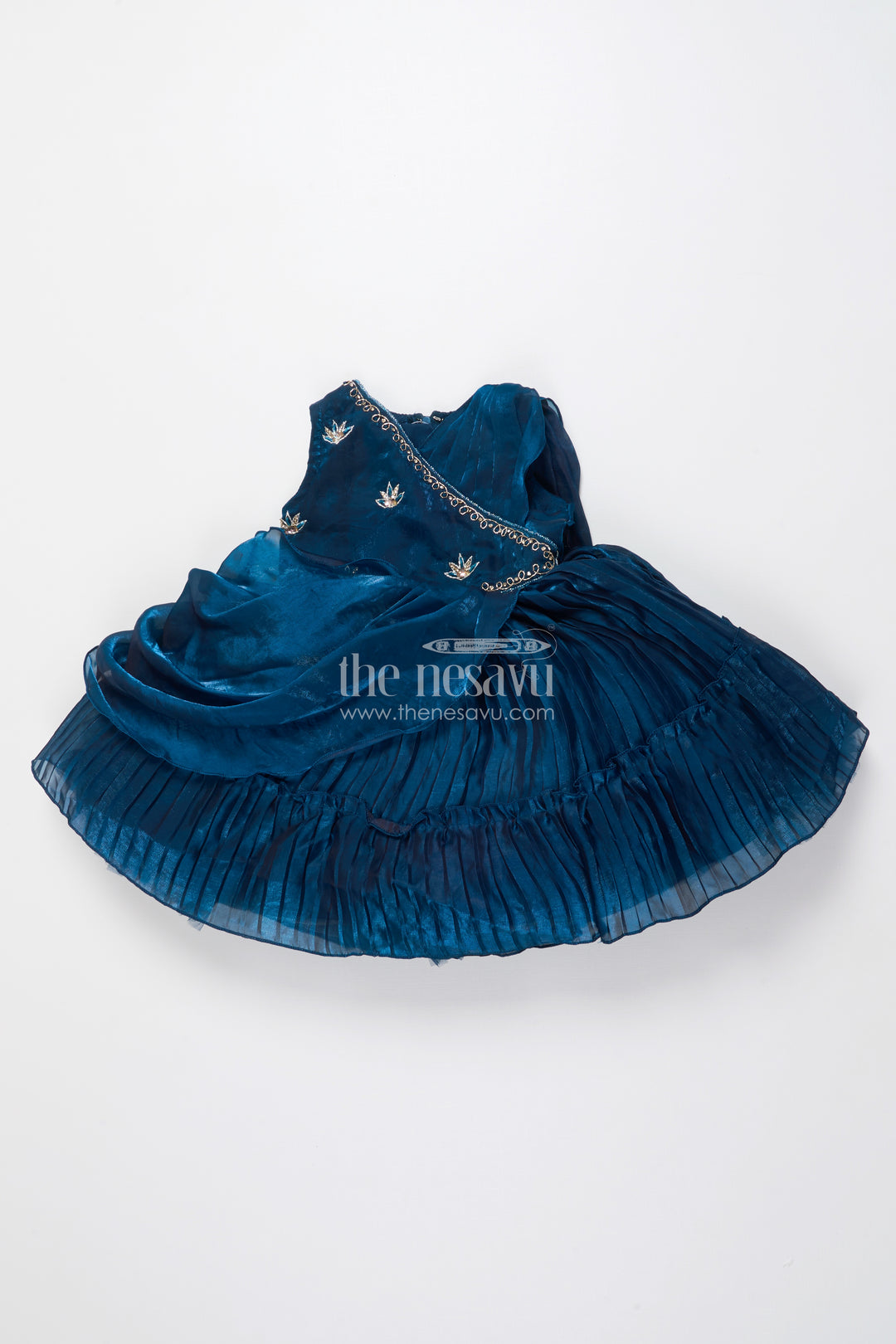 Girls Pleated Glaze Organza Party Frock with Floral Shoulder Bow Premium Festive Wear