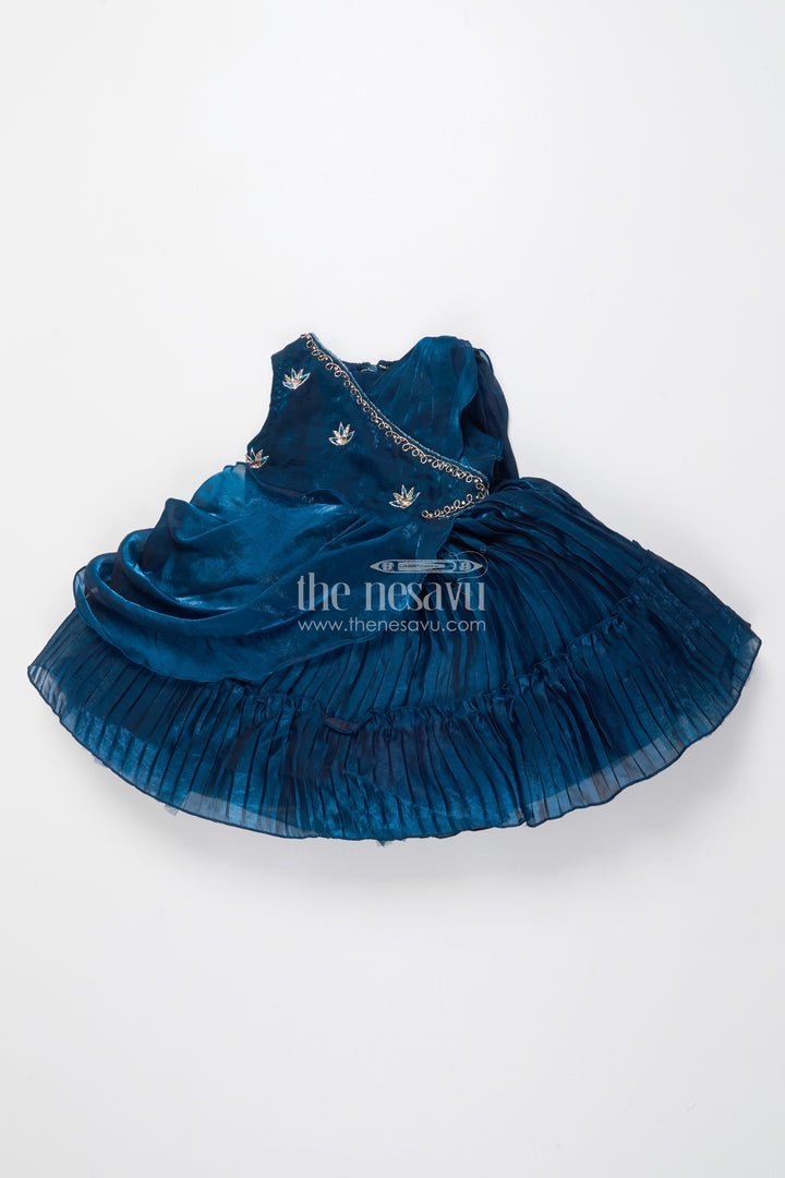 Girls Pleated Glaze Organza Party Frock with Floral Shoulder Bow Premium Festive Wear