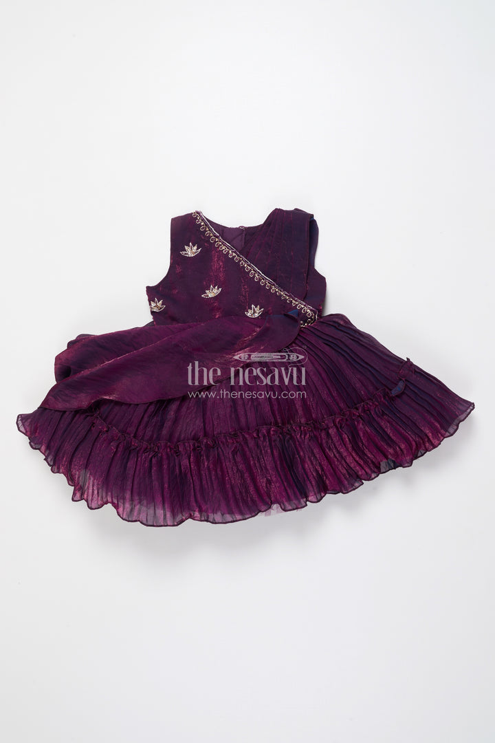 Girls Asymmetric Glaze Organza Frock with Floral Shoulder Detail Festive Occasion Wear