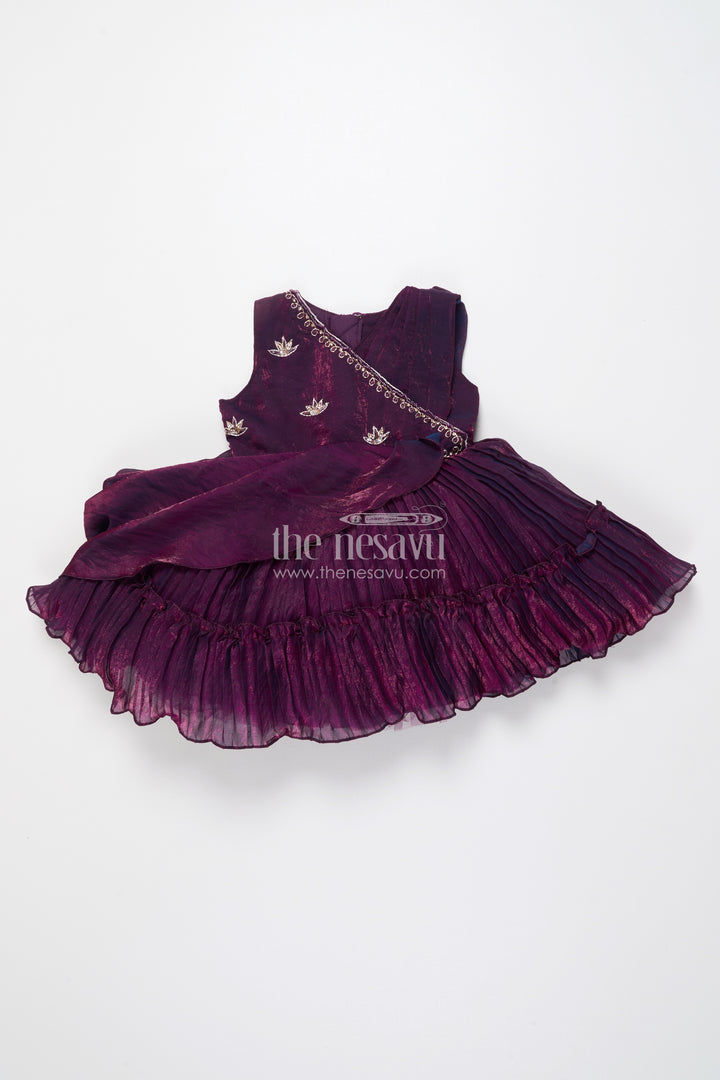 Girls Asymmetric Glaze Organza Frock with Floral Shoulder Detail Festive Occasion Wear