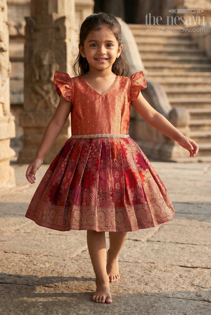 Toddler Girl Banarasi Silk Frock with Ruffle Sleeves for Festivals and Poojas