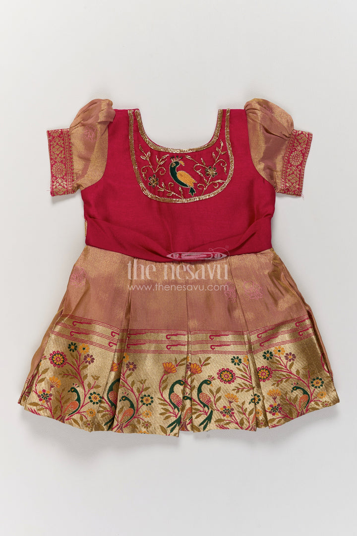 Girls Rani Pink Bird Embroidered Border Silk Blend Ethnic Frock