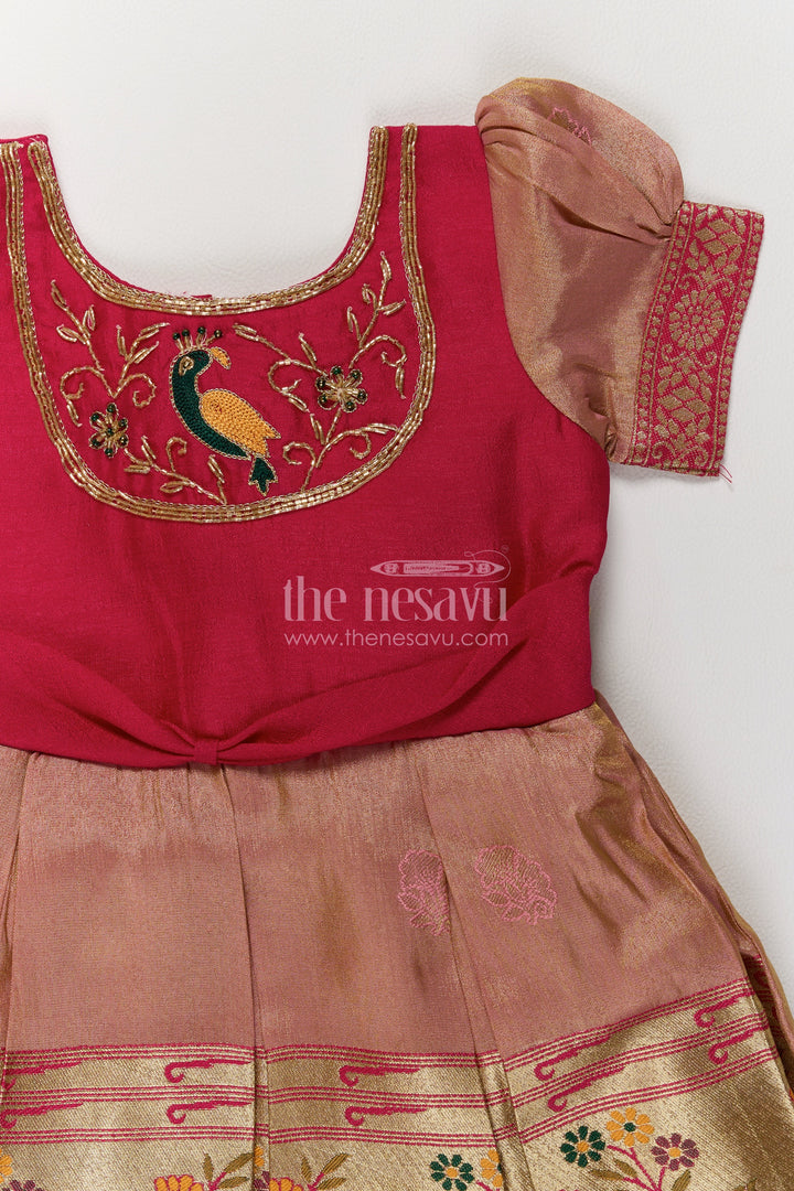 Girls Rani Pink Bird Embroidered Border Silk Blend Ethnic Frock