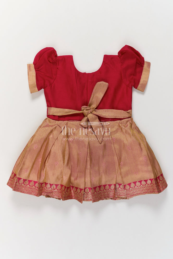 Girls Silk Blend Ethnic Frock in Red with Gold Inset Neckline