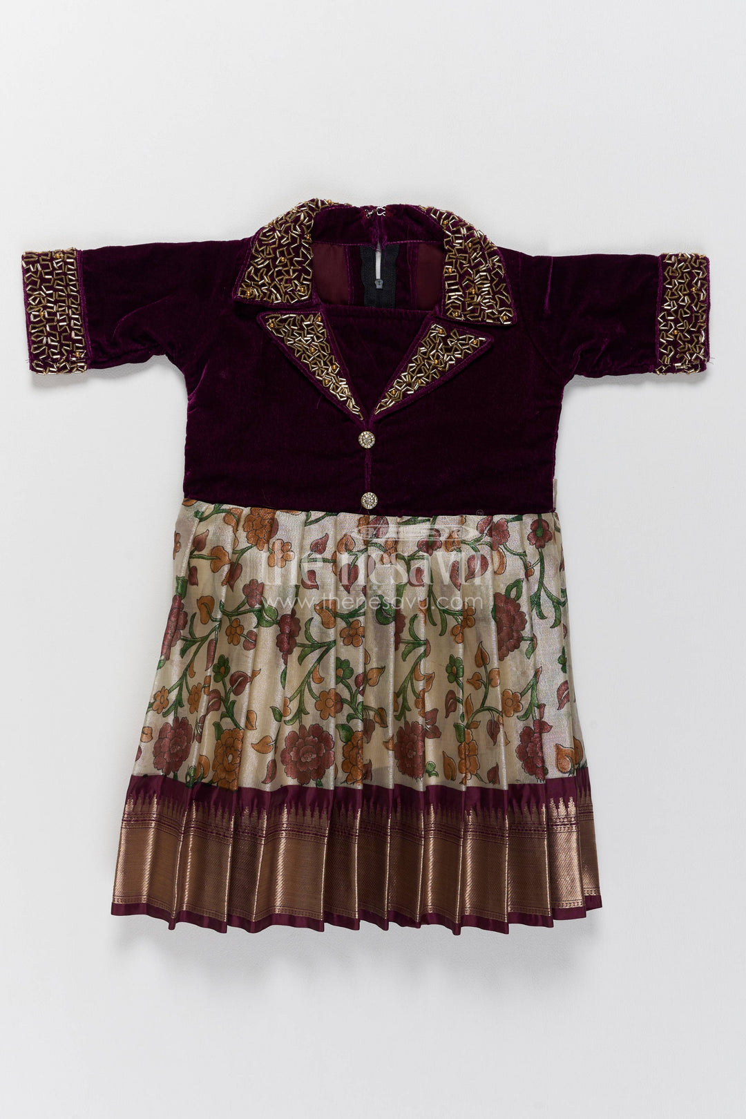 Girls Silk Party Frock in Purple with Thread Embroidery